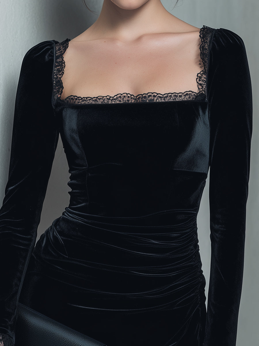 VOS LEE Black Velvet Lace-Trimmed Cocktail Dress