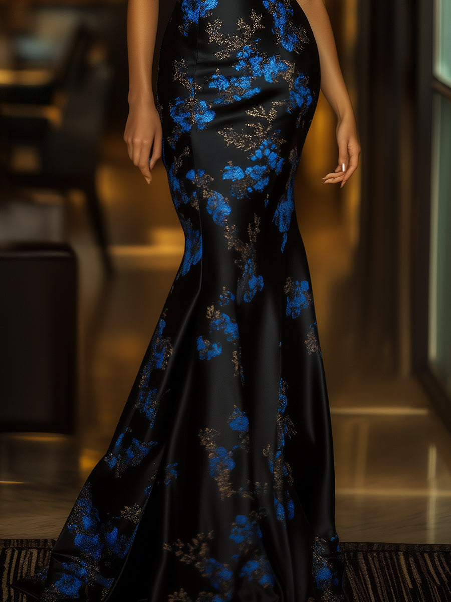 Noir And Blue Strapless Satin Evening Gown