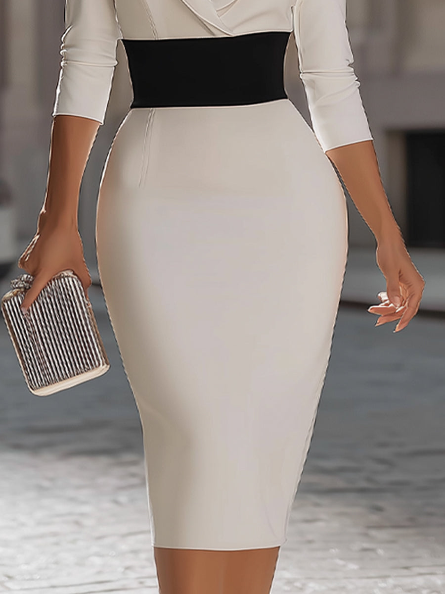 White Contrast-Waist Blazer Pencil Dress