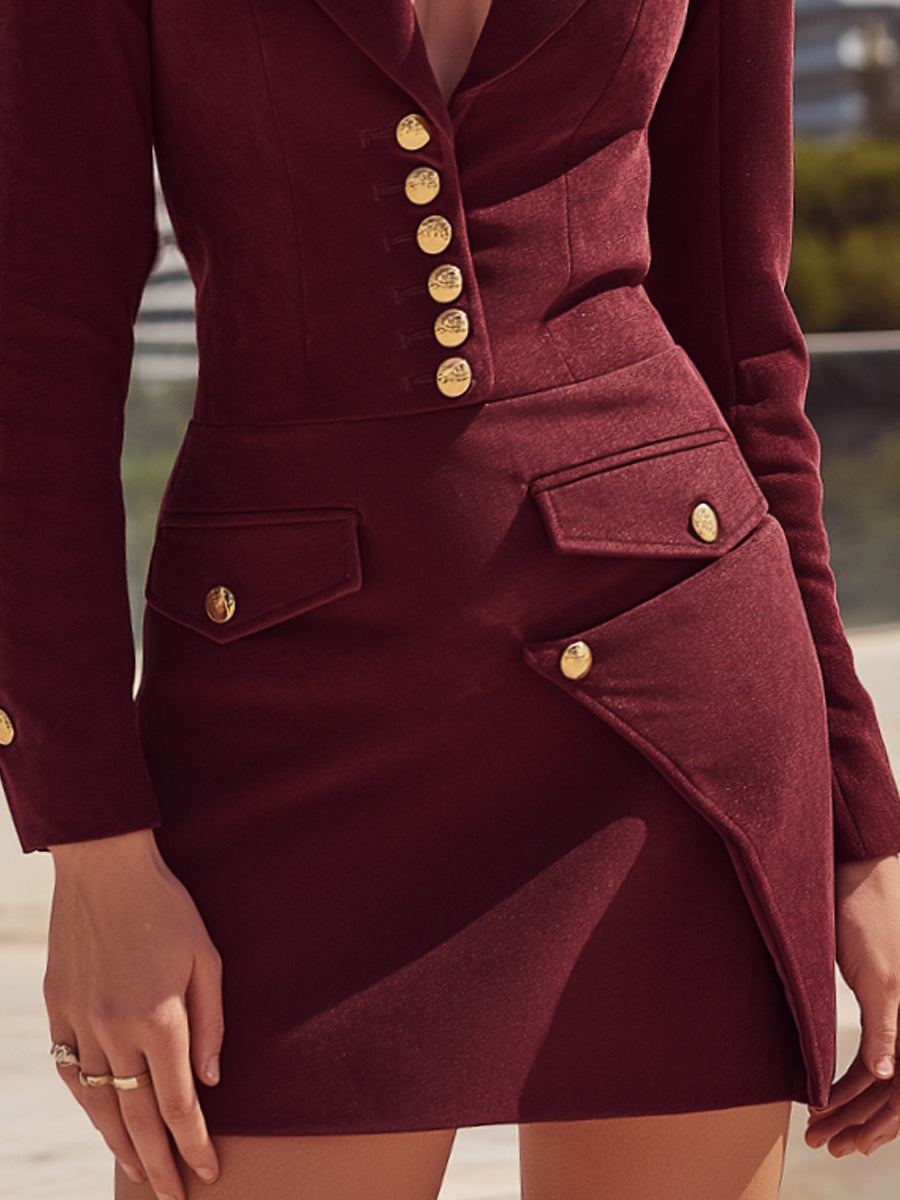 Burgundy Tailored Blazer-Style Mini Dress With Gold-Tone Buttons