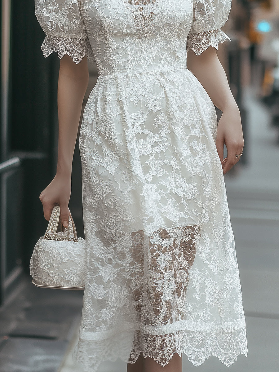 Elegant Puff Sleeve White Lace Midi Dress