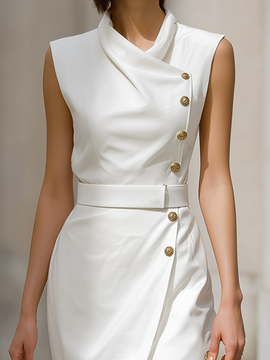 Asymmetric Buttoned Sleeveless Wrap Dress In Ivory