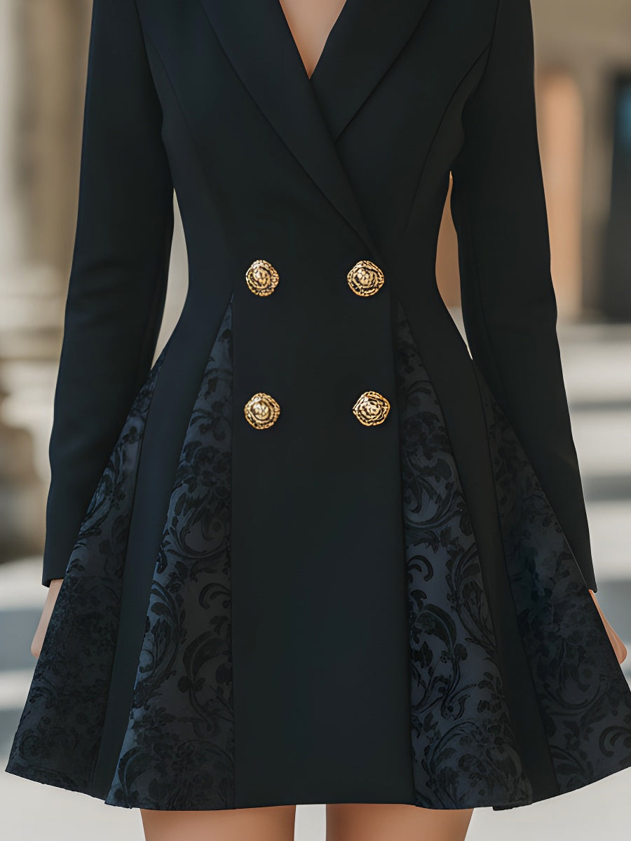 Tailored Double-Breasted Blazer Dress With Jacquard Godet Panels