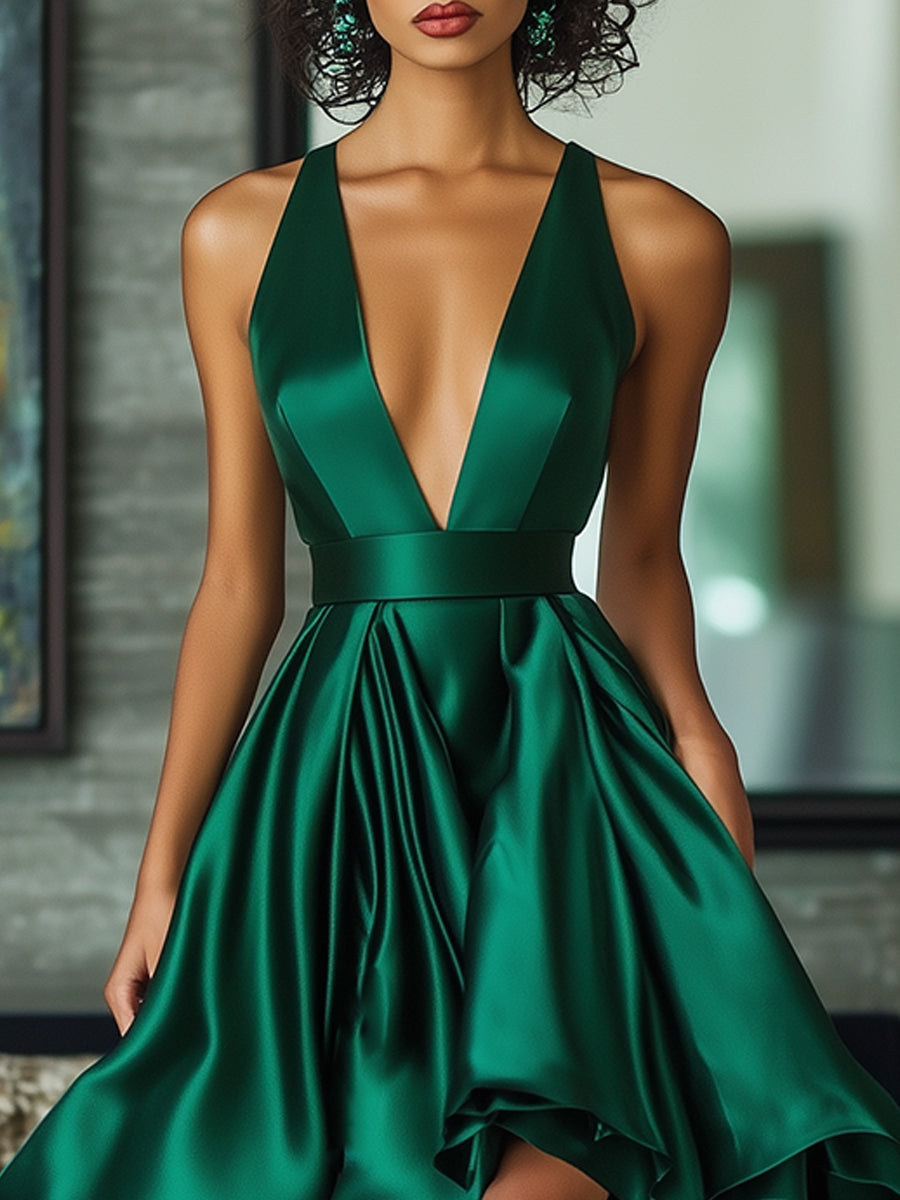 Emerald Satin High-Low Ruffle Dress With Deep Plunge Neckline Wedding Guest Dresses