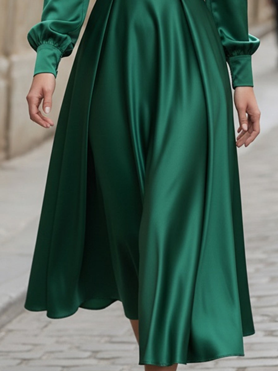 VOS LEE Emerald Satin Square-Neck Midi Dress