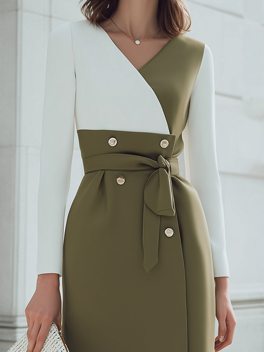 Olive Green And White Color-Block Belted Midi Dress