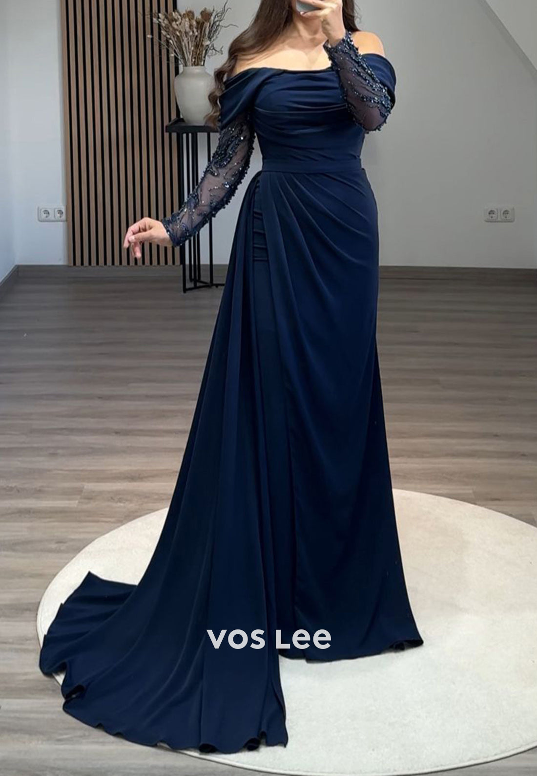 Formal Beaded Off Shoulder Sleeves with Train Sheath Evening Party Dress