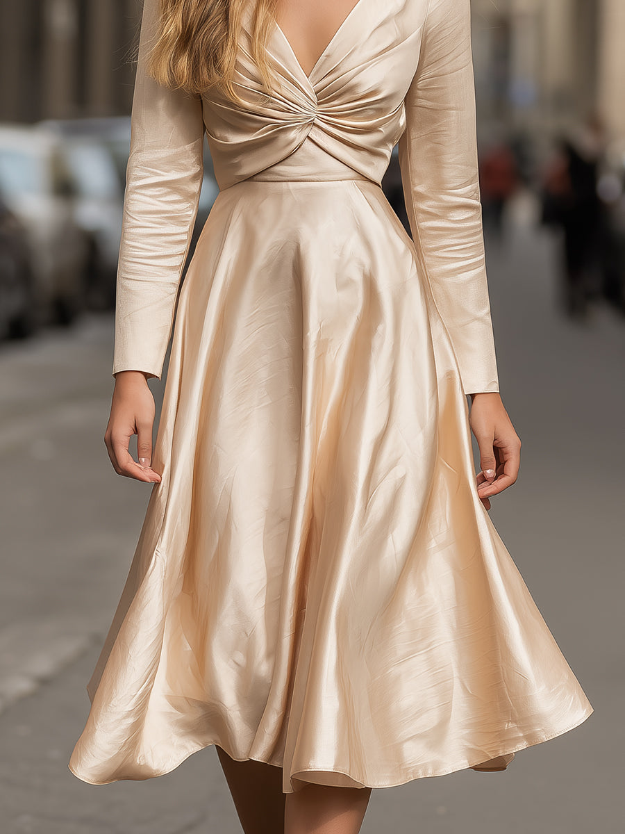 Champagne Satin Twist-Front Midi Dress