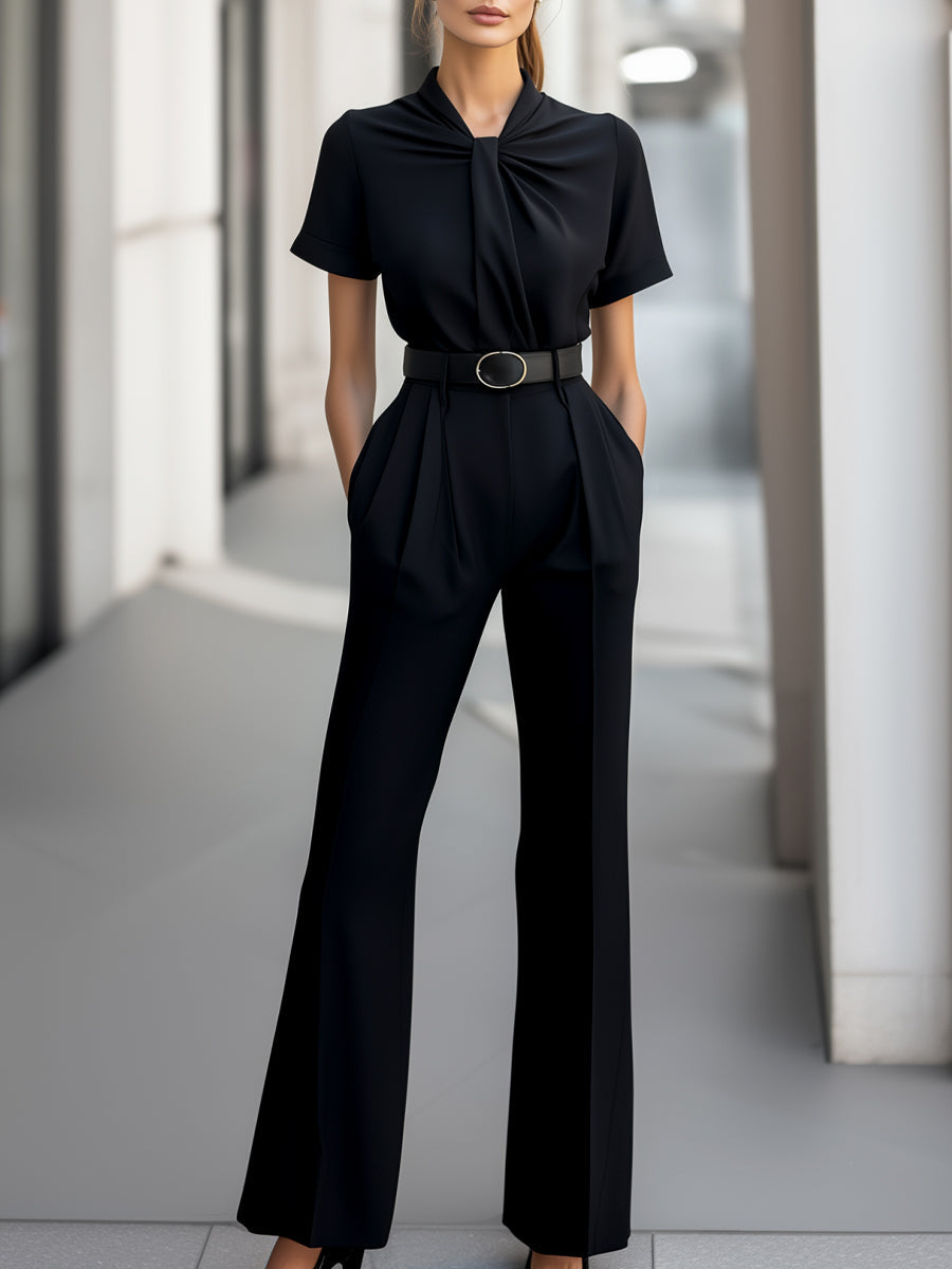 Elegant Twist Neckline Short - Sleeve Belted Jumpsuit