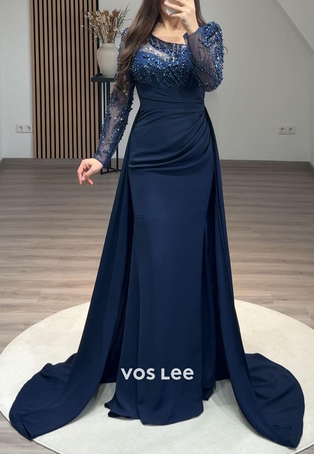 Long Sleeves Beaded Lace Mermaid Formal Dresses with With Sweep Train