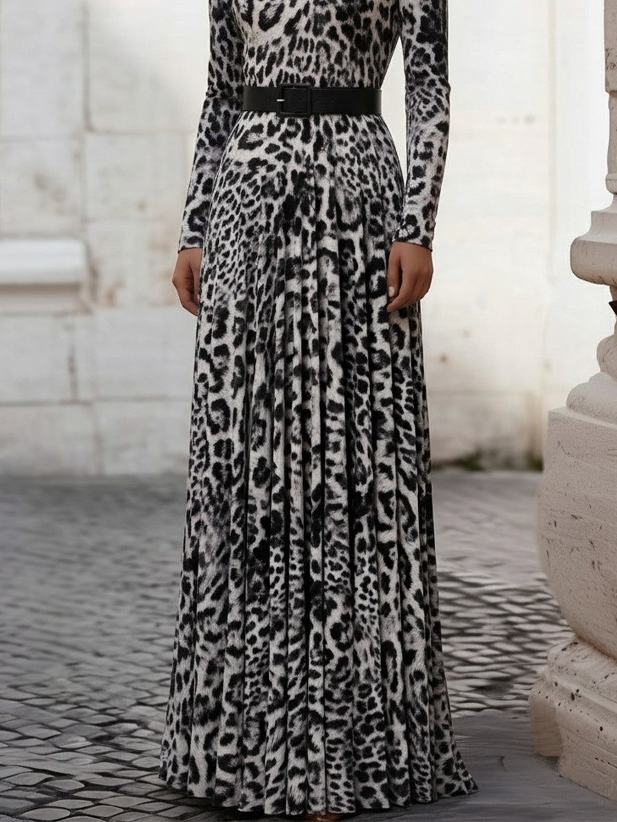 Velvet Leopard Print High-Neck Maxi Dress