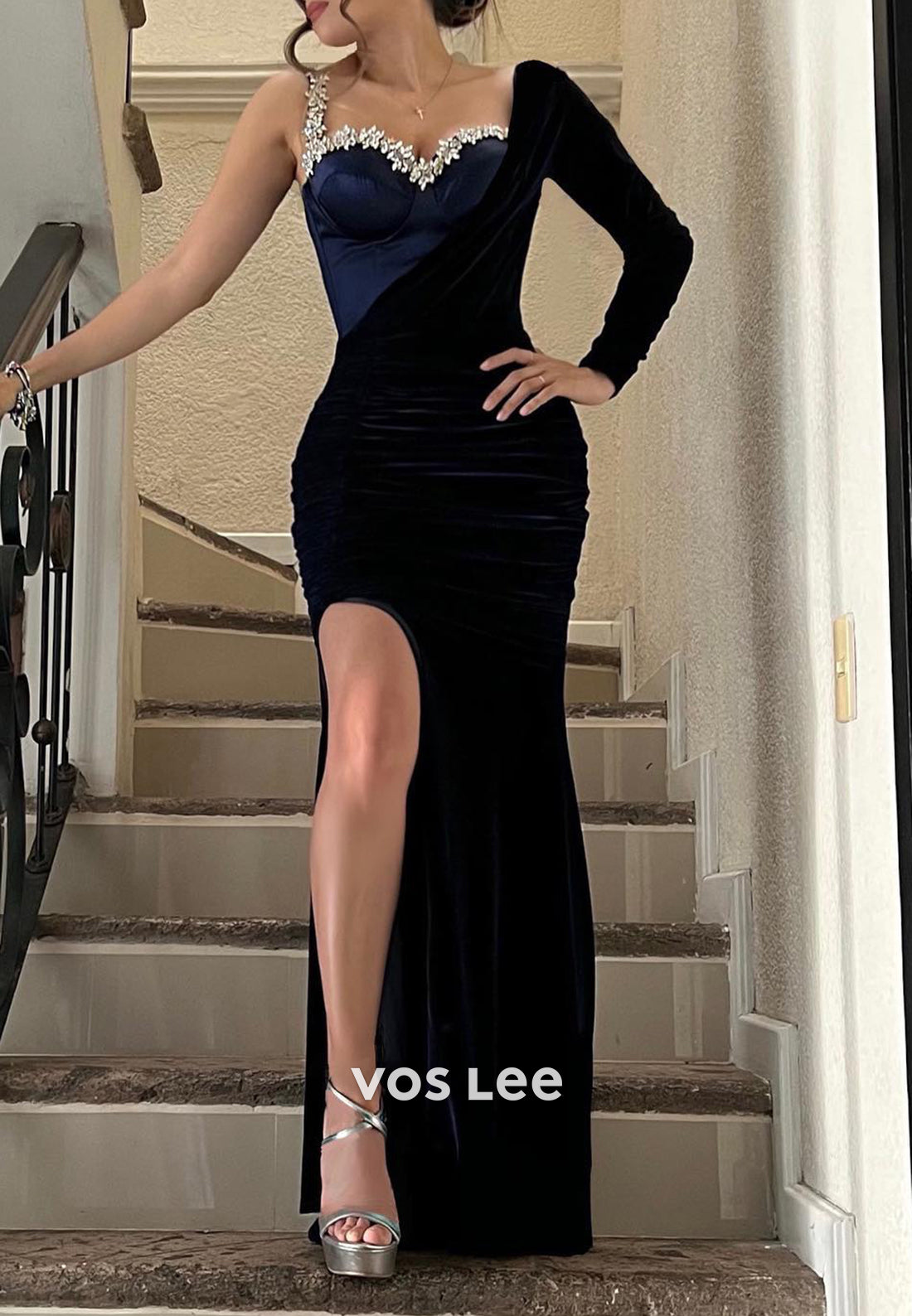 Long Sleeve Sweetheart Rhinestone Floor-Length Mermaid Evening Dresses with Side Split