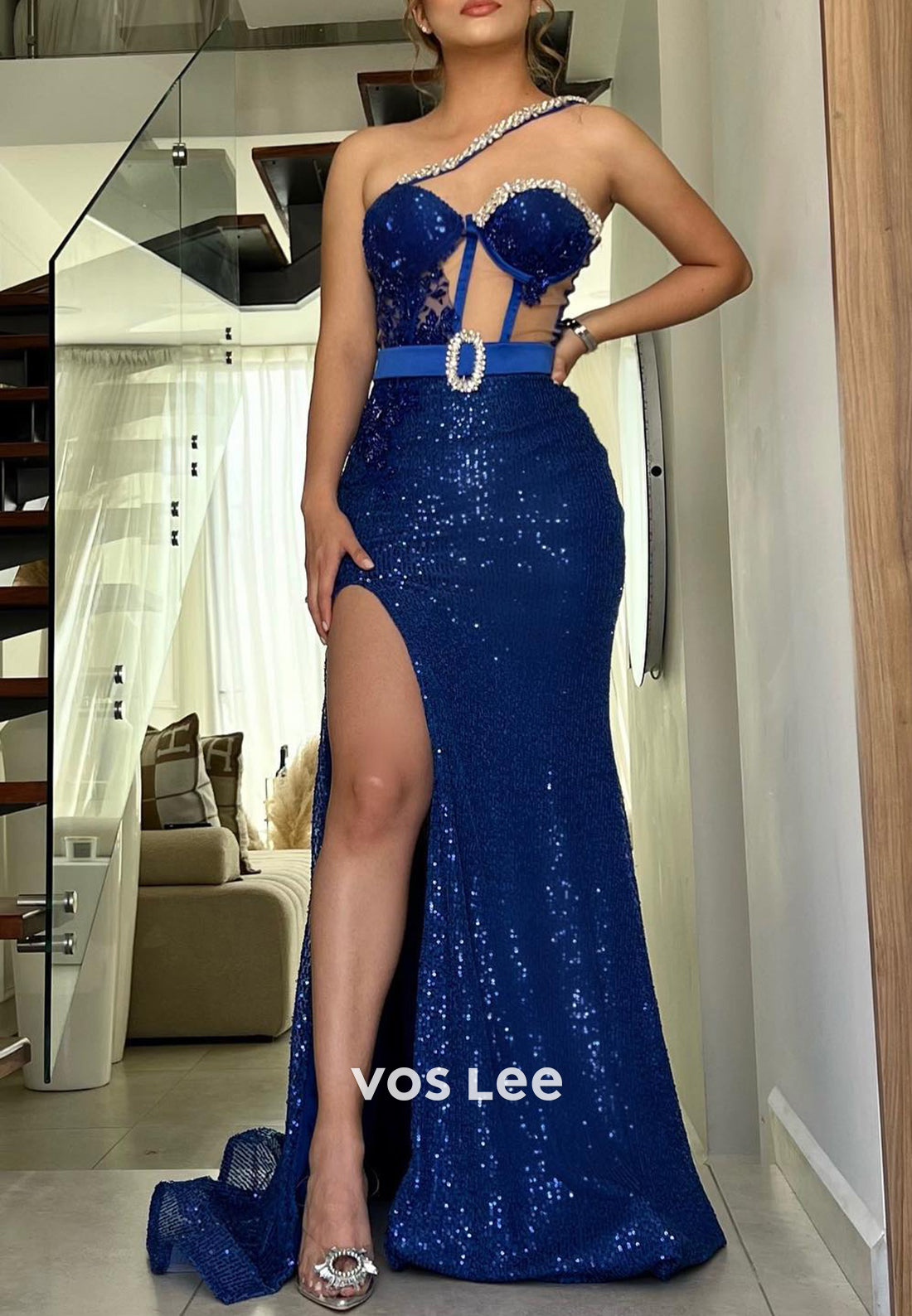 One Shoulder Rhinestone Sweetheart Mermaid Evening Dresses with Detachable Train