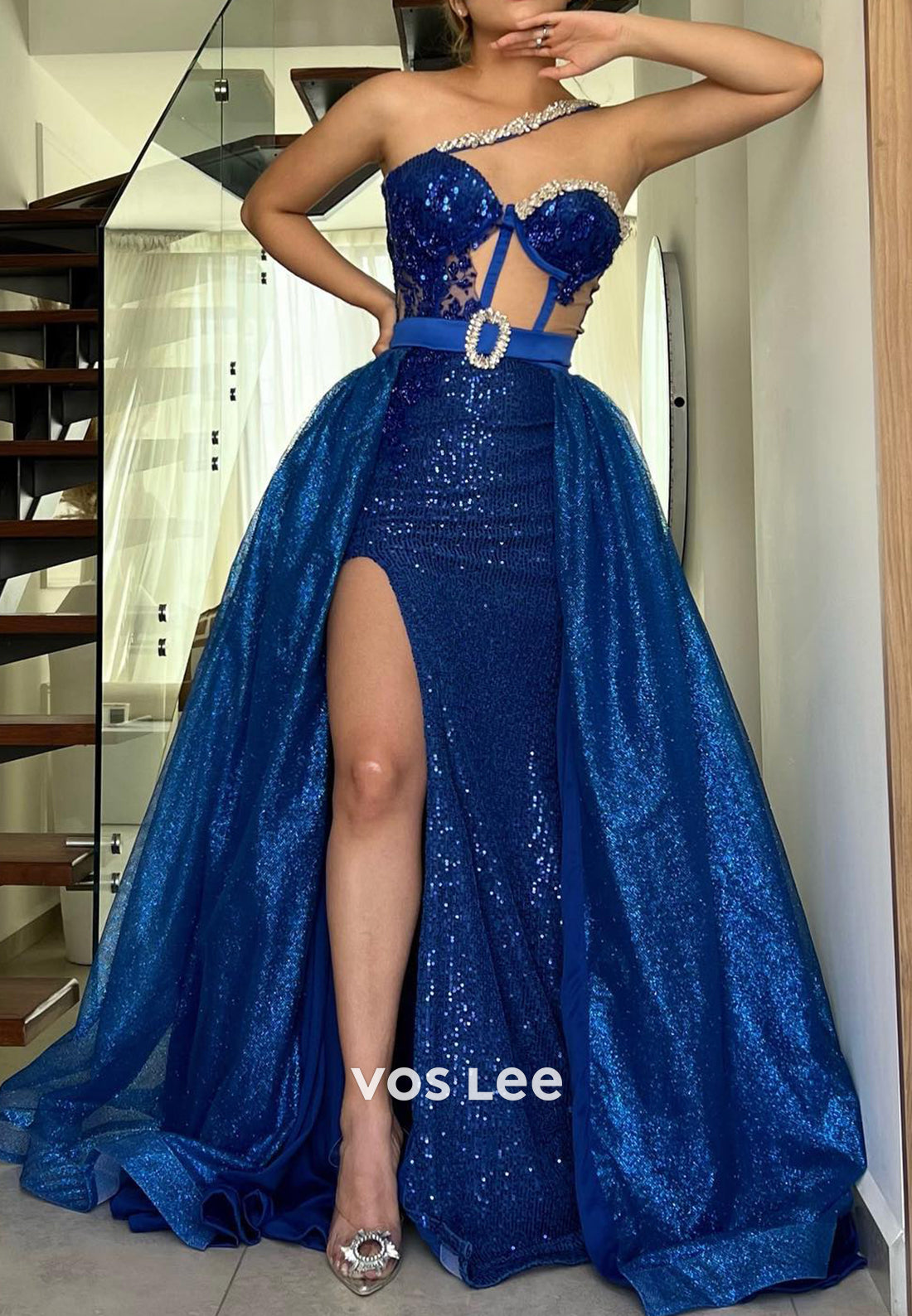 One Shoulder Rhinestone Sweetheart Mermaid Evening Dresses with Detachable Train