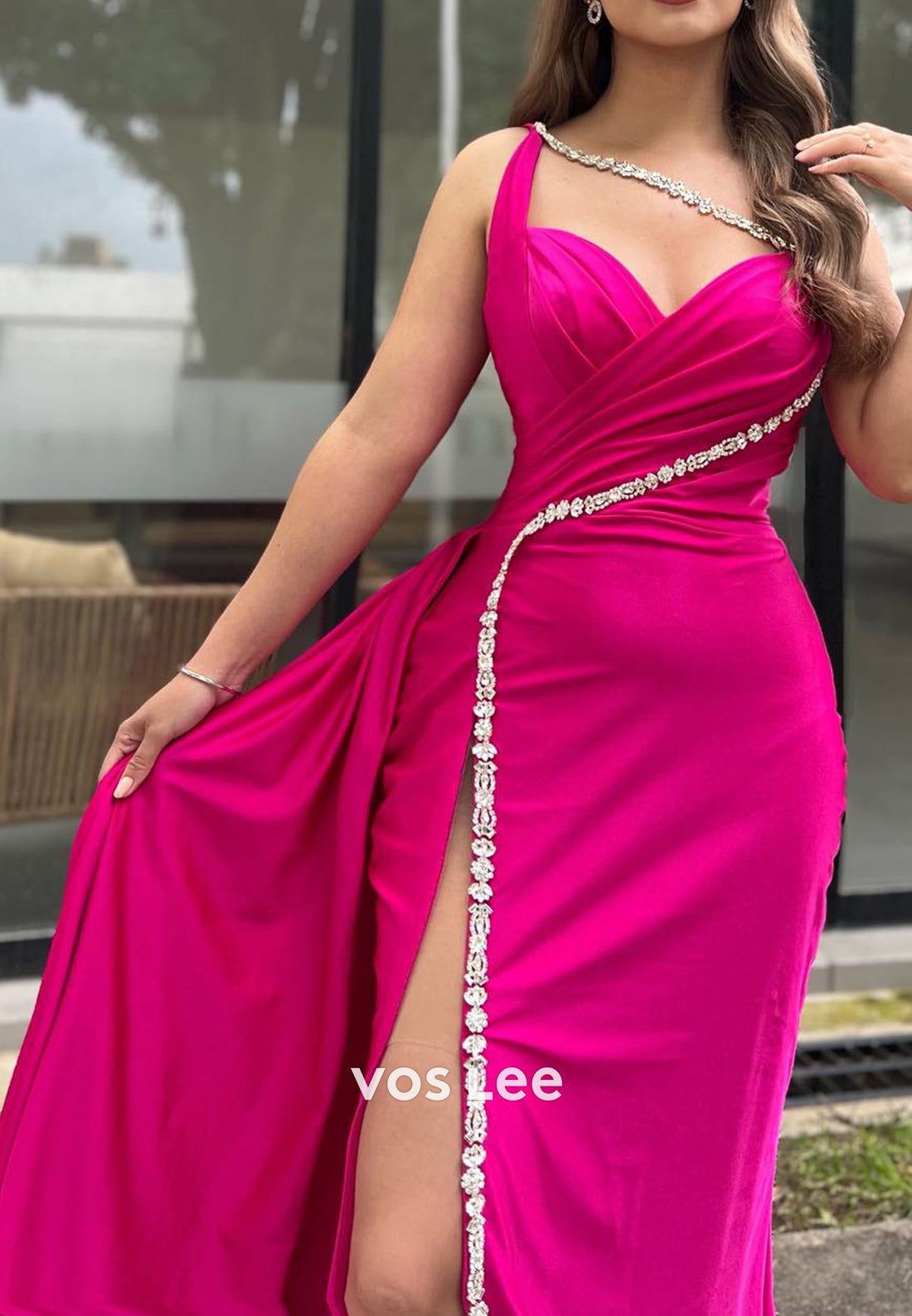 One Shoulder Pleated Sweetheart Rhinestone Mermaid Evening Dresses with Side Split