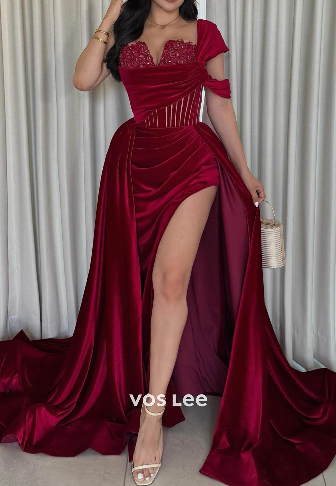 One Shoulder V Neck Pleated Mermaid Velvet Evening Dresses with Side Slit Chapel Train