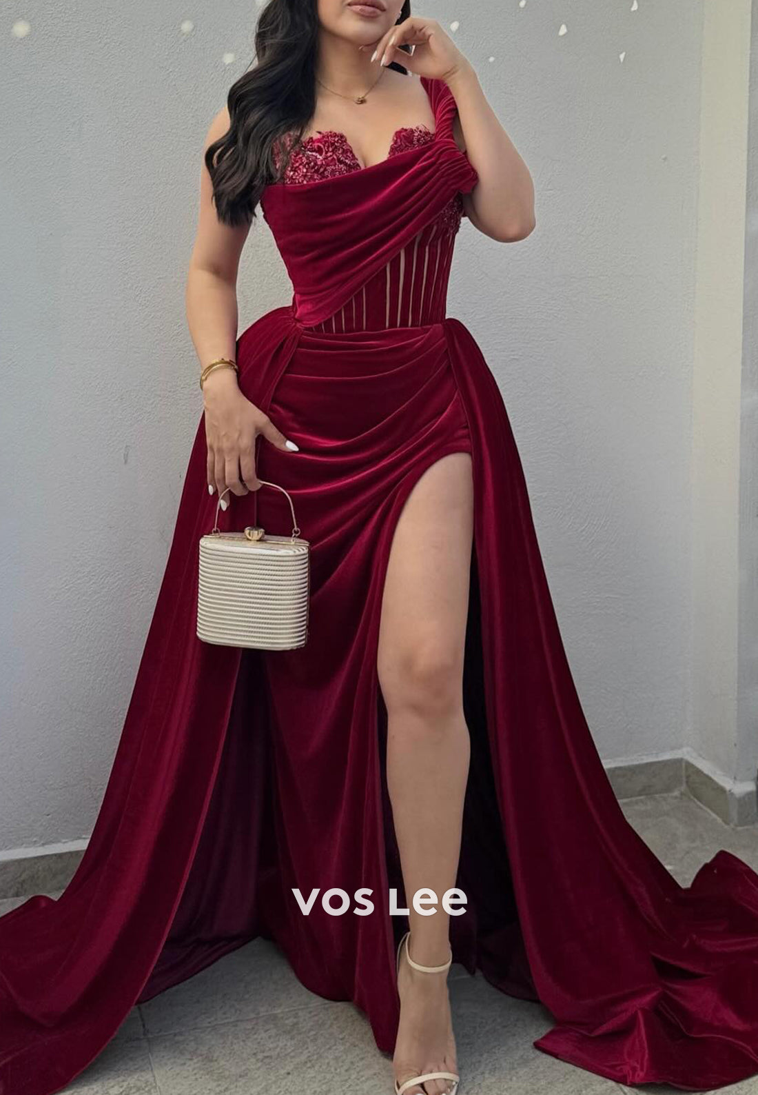 One Shoulder V Neck Pleated Mermaid Velvet Evening Dresses with Side Slit Chapel Train