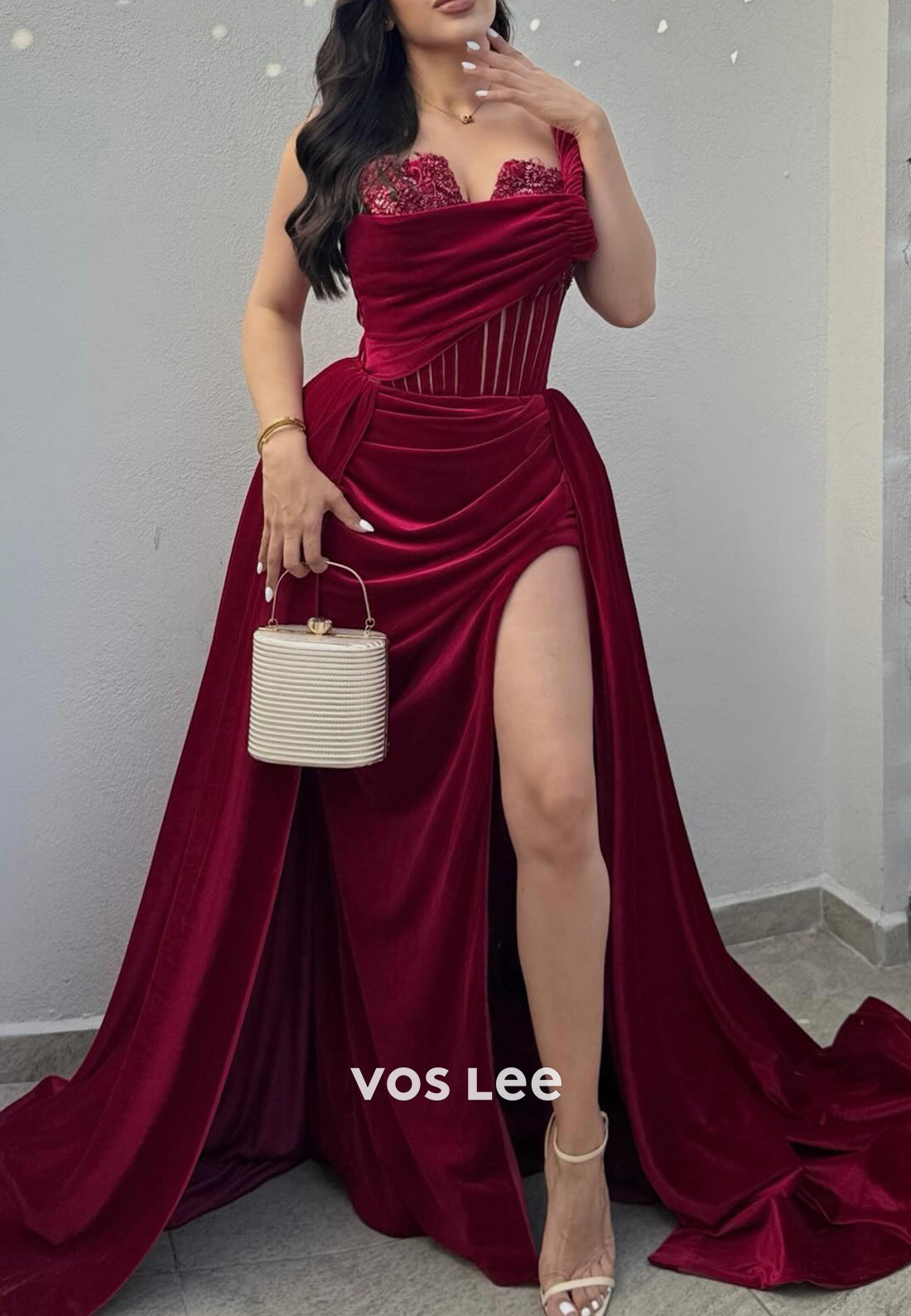 One Shoulder V Neck Pleated Mermaid Velvet Evening Dresses with Side Slit Chapel Train