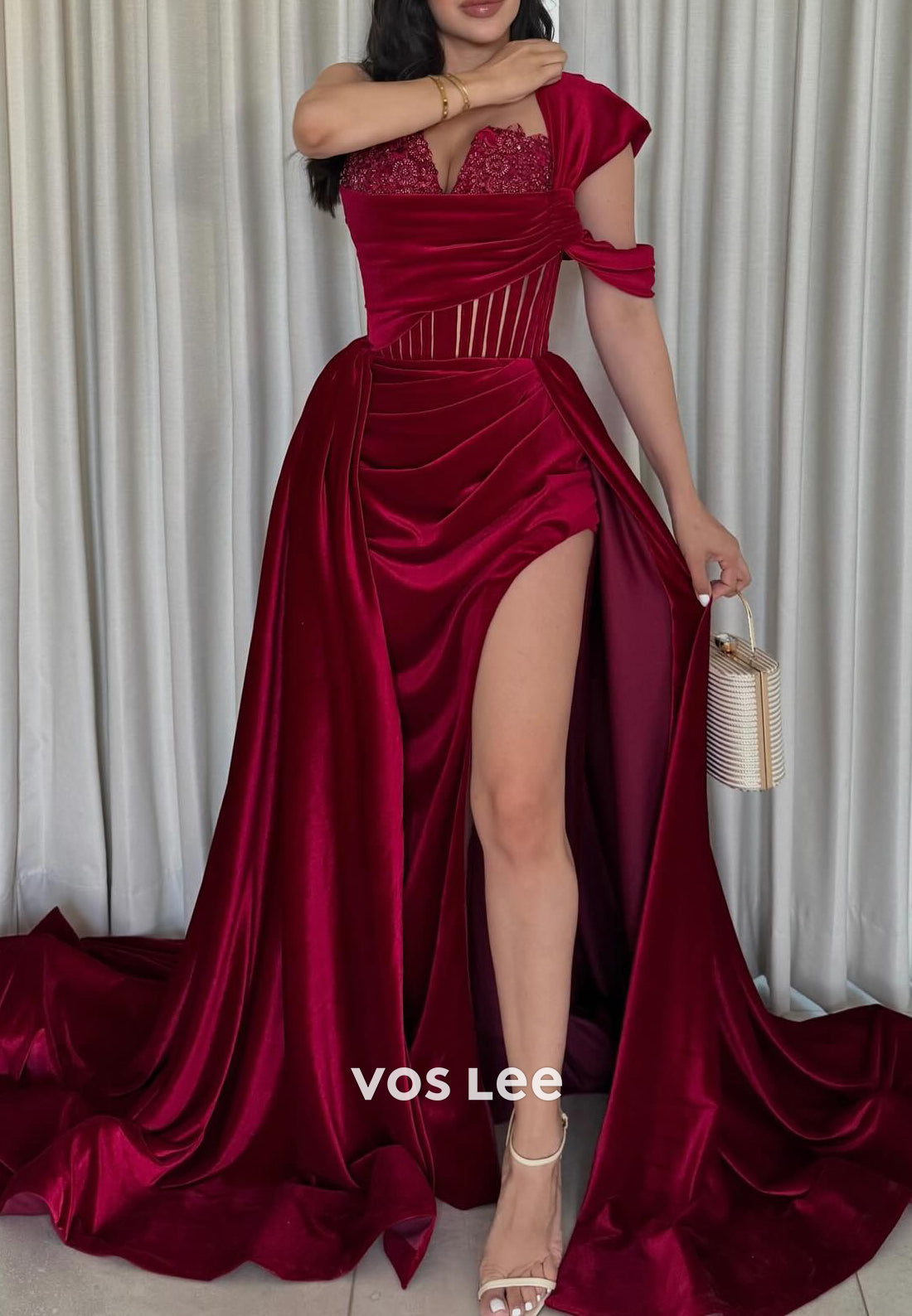 One Shoulder V Neck Pleated Mermaid Velvet Evening Dresses with Side Slit Chapel Train