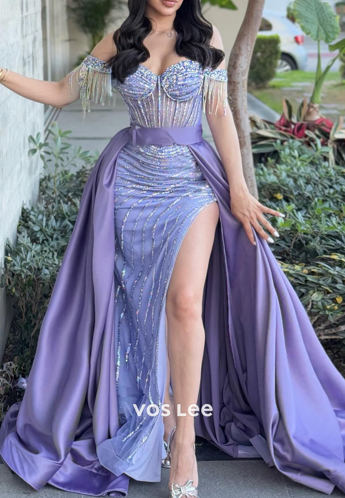 Beaded Fringe Off the Shoulder Sweetheart Evening Dresses with Detachable Chapel Train