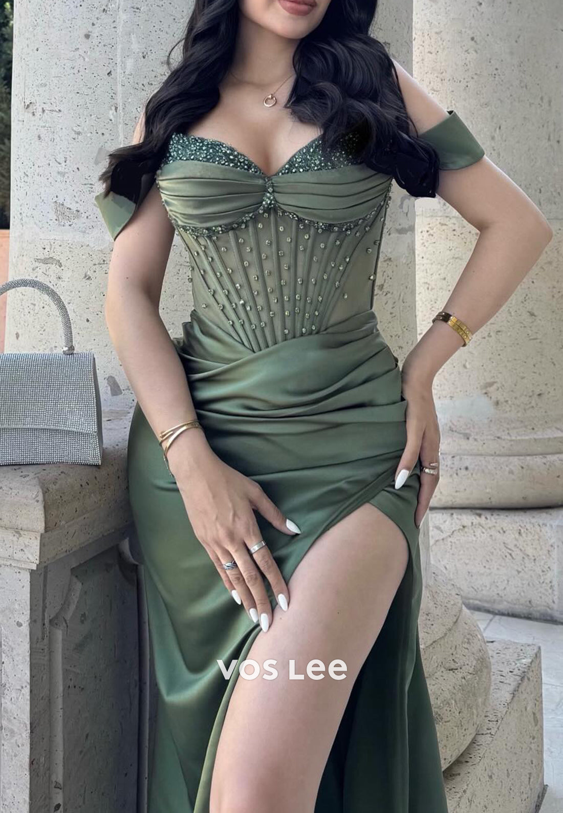 Off the Shoulder Sweetheart Pleated Rhinestone Mermaid Evening Dresses with Side Split