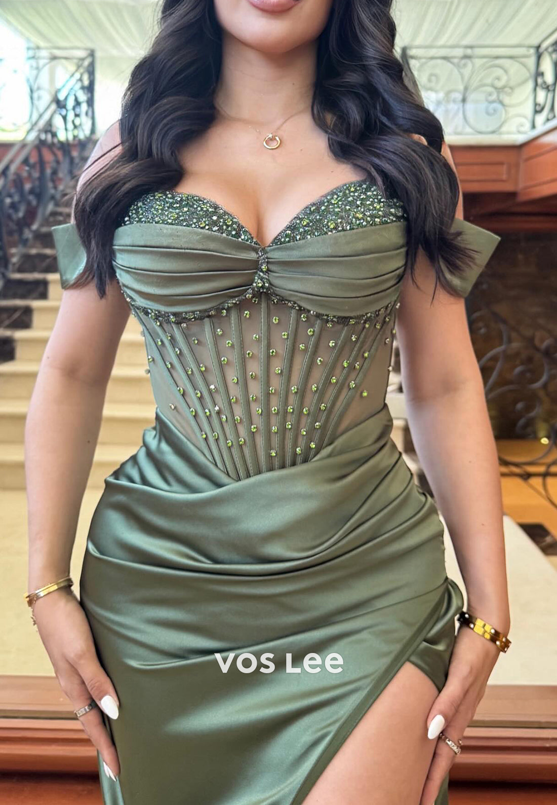 Off the Shoulder Sweetheart Pleated Rhinestone Mermaid Evening Dresses with Side Split