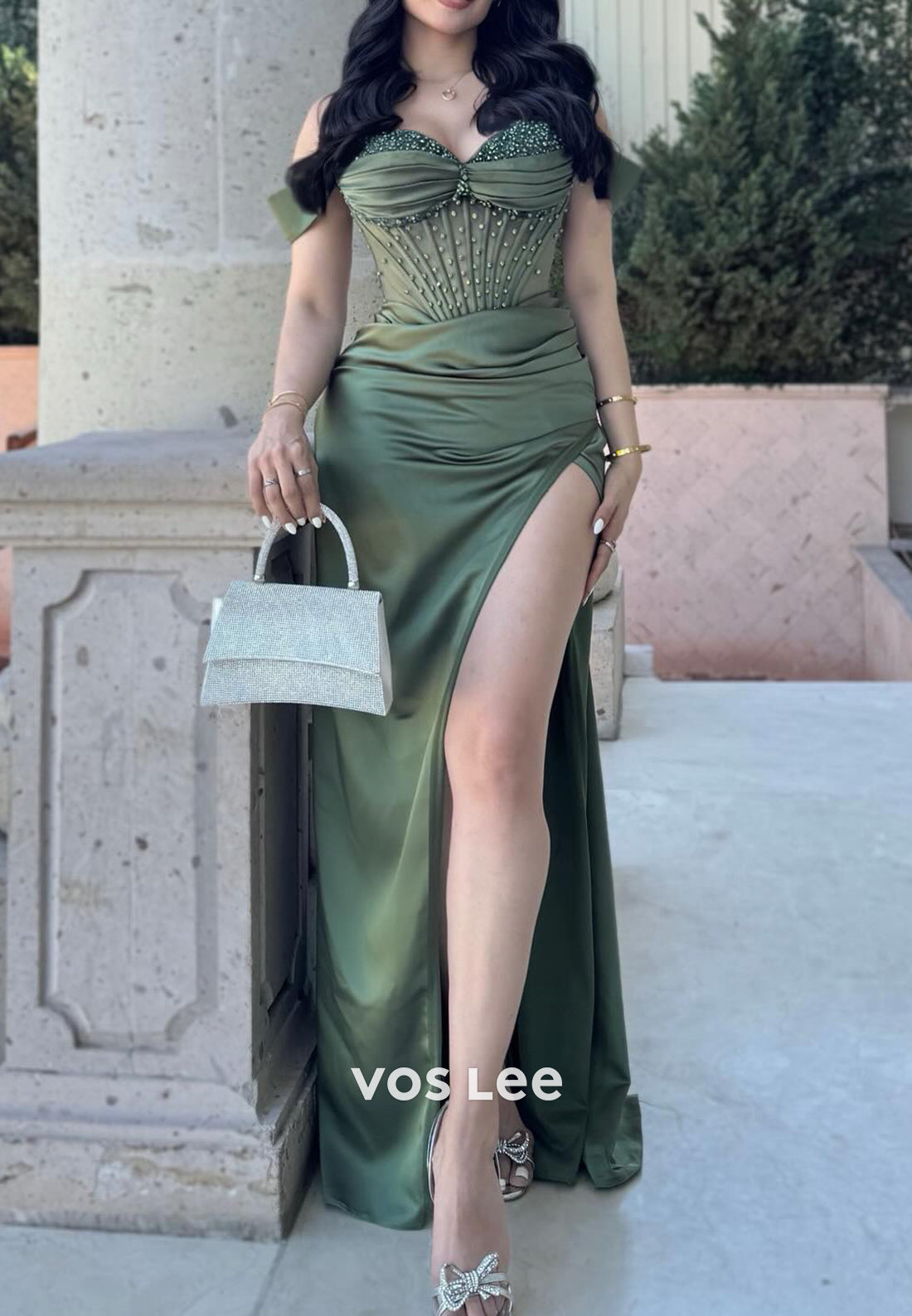 Off the Shoulder Sweetheart Pleated Rhinestone Mermaid Evening Dresses with Side Split