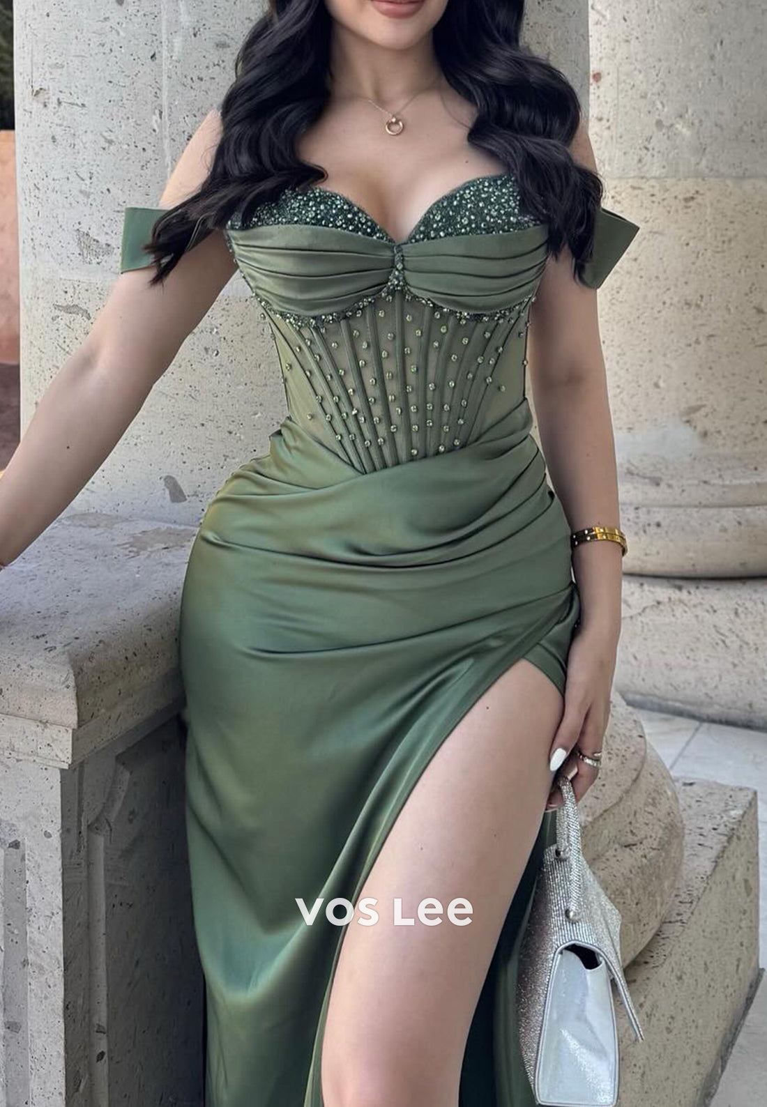 Off the Shoulder Sweetheart Pleated Rhinestone Mermaid Evening Dresses with Side Split