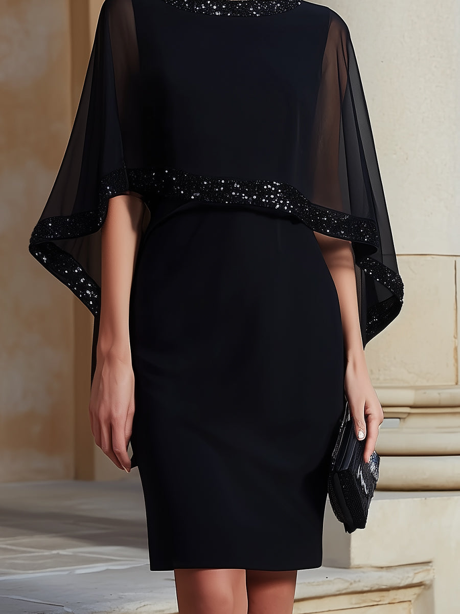 Mbellished Cape-Sleeve Sheath Dress