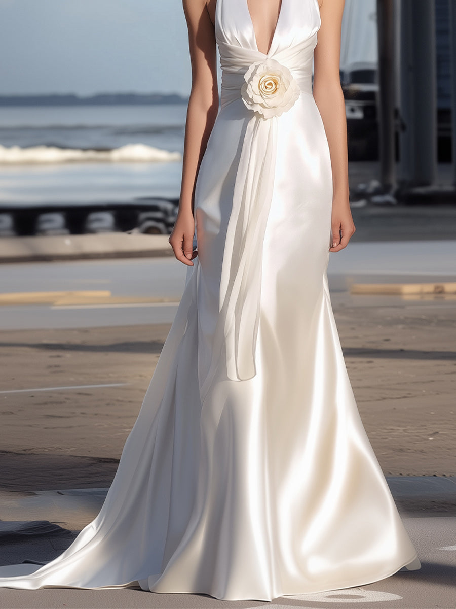 Elegant Satin Halter Gown With 3D Rose Detail