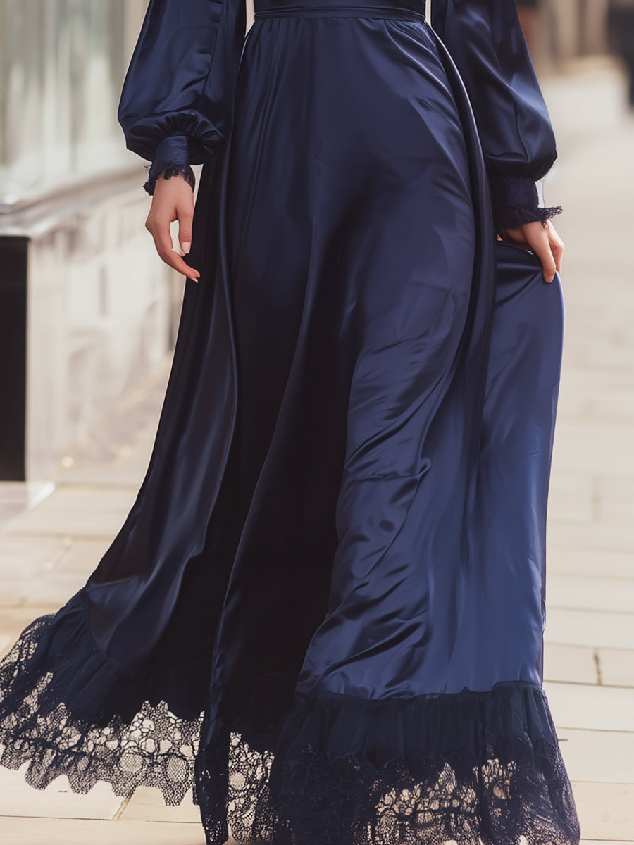 Midnight Navy Satin Maxi Dress With Lace Trim