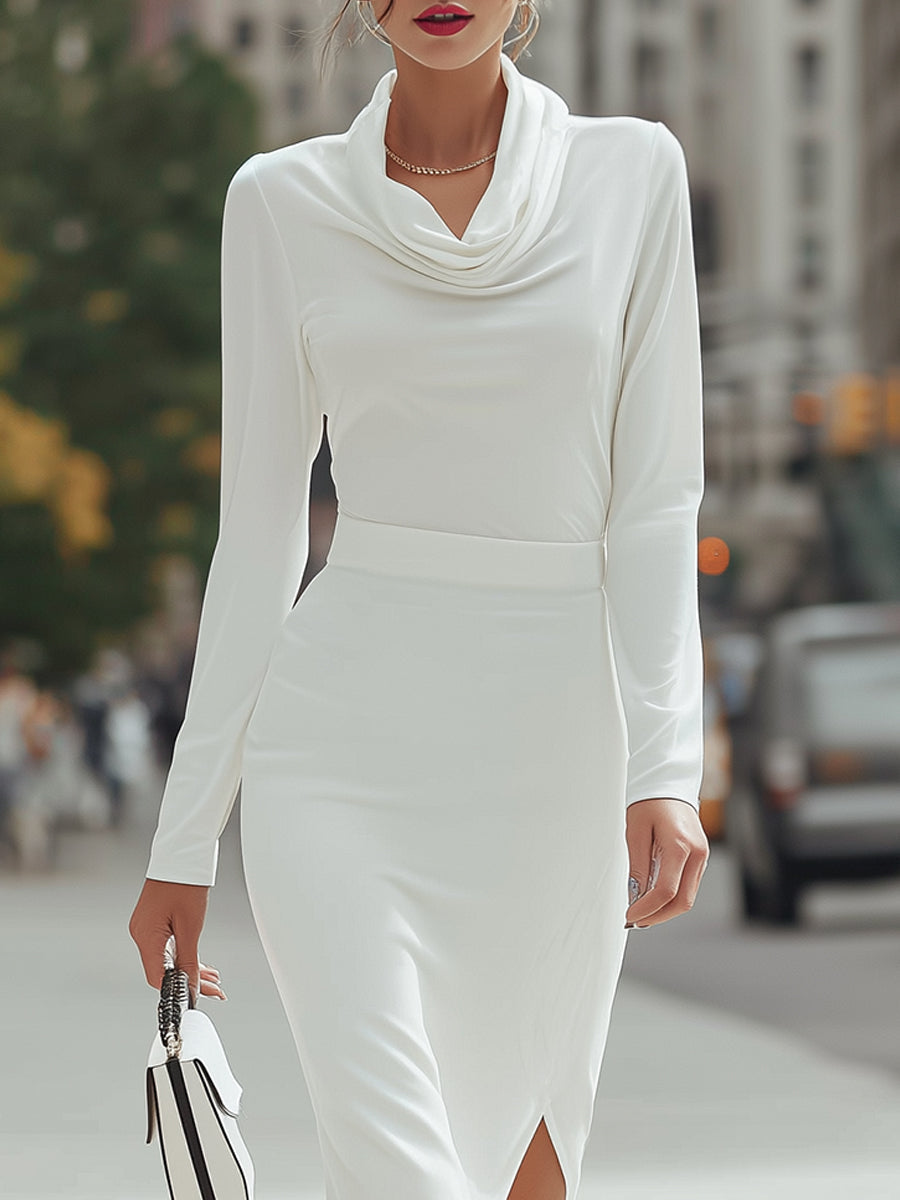 Elegant White Cowl Neck Long Sleeve Midi Dress