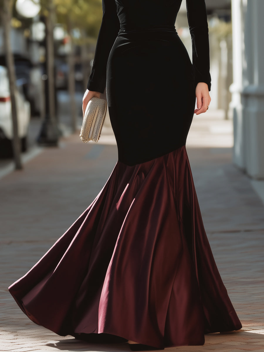 Colorblock Velvet And Satin Mermaid Gown