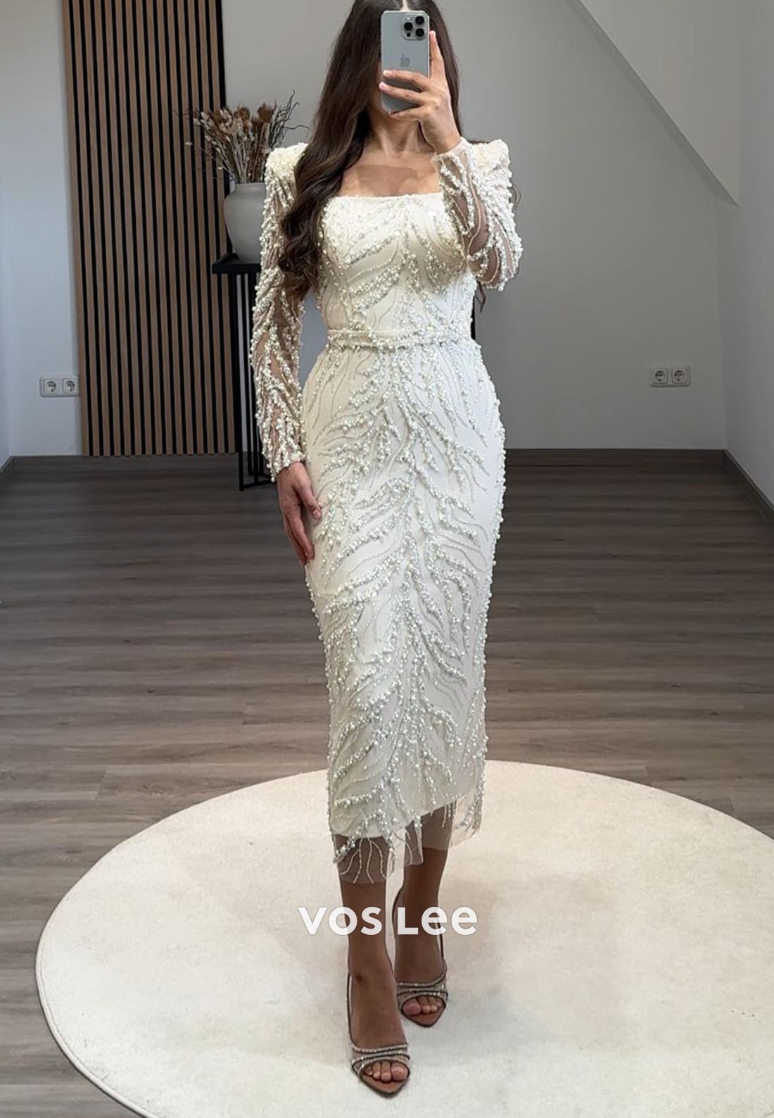 Long Sleevees Allover Lace Pearl Mermaid Midi Formal Dresses