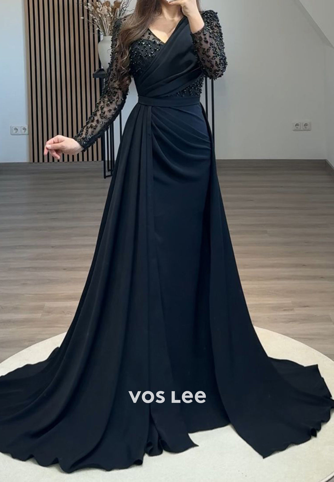 Formal Beaded V Neck Long Sleeves with Train Evening Dress Party Gown