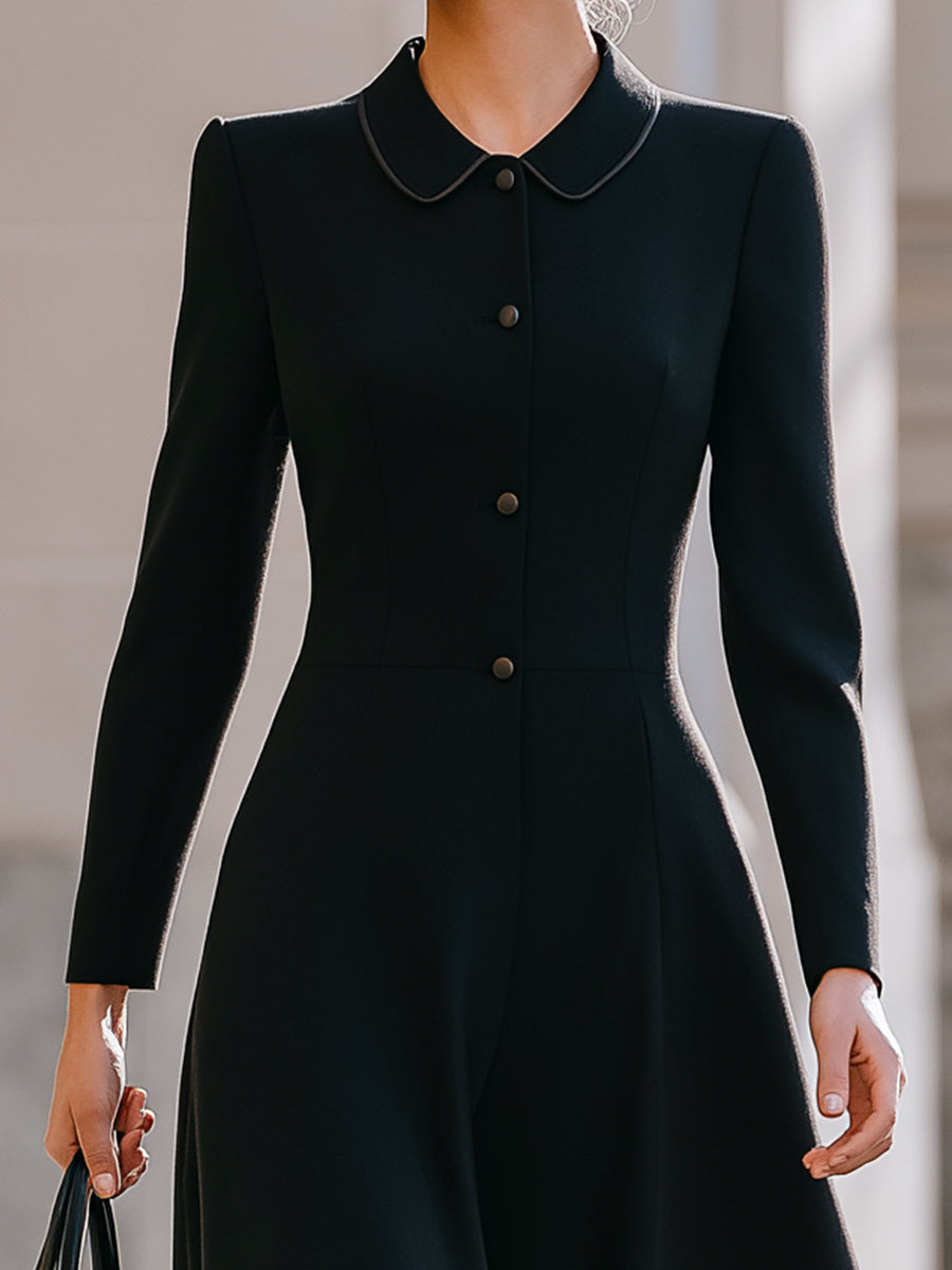 Black Vintage-Inspired Peter Pan Collar Midi Dress