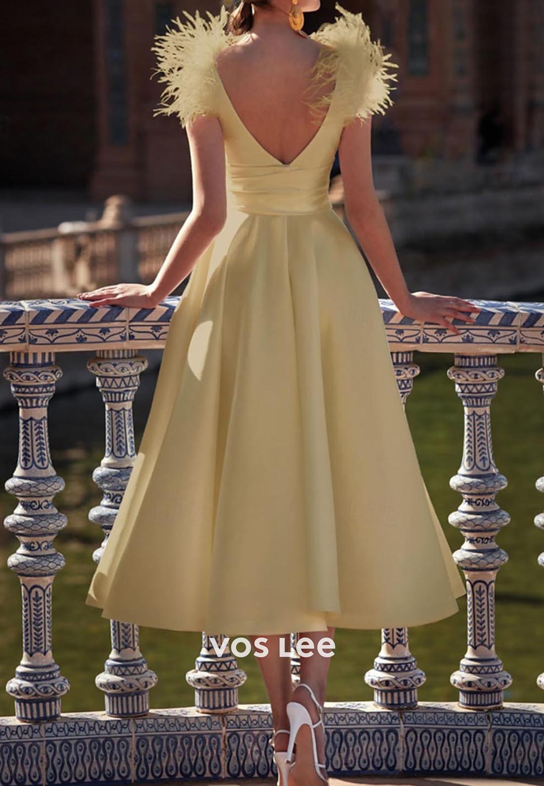 A-Line Low V-Neck Pleated feather Sexy Evening Dress Midi Dresses