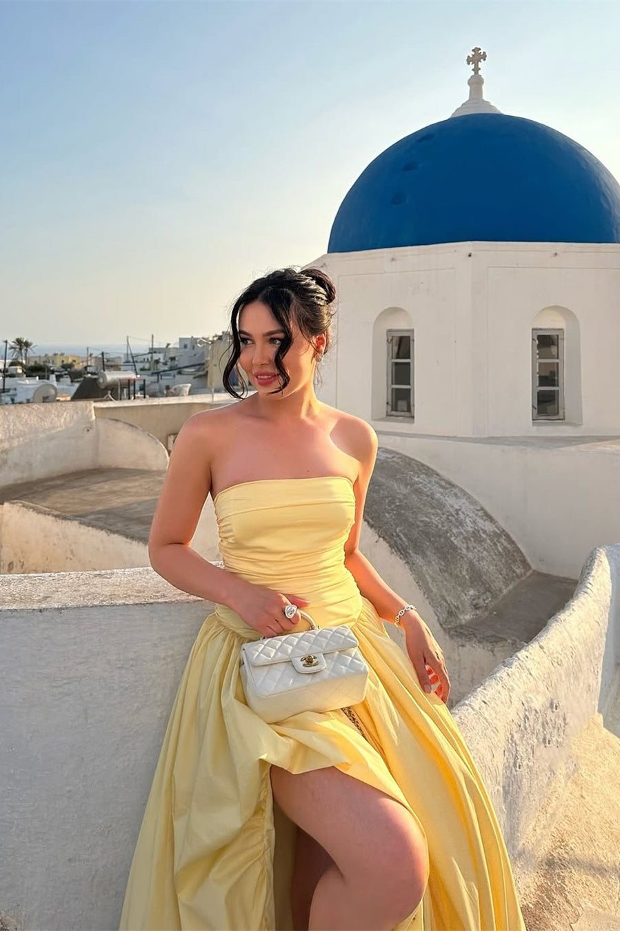 Charming Strapless Prom Dress Sleeveless A-Line Side Slit With Pleats