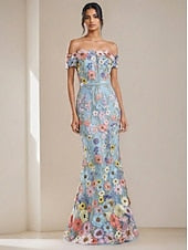 Fuchsia Pink Floral Embroidered Off Shoulder Dress Luxury Mermaid Party Gown