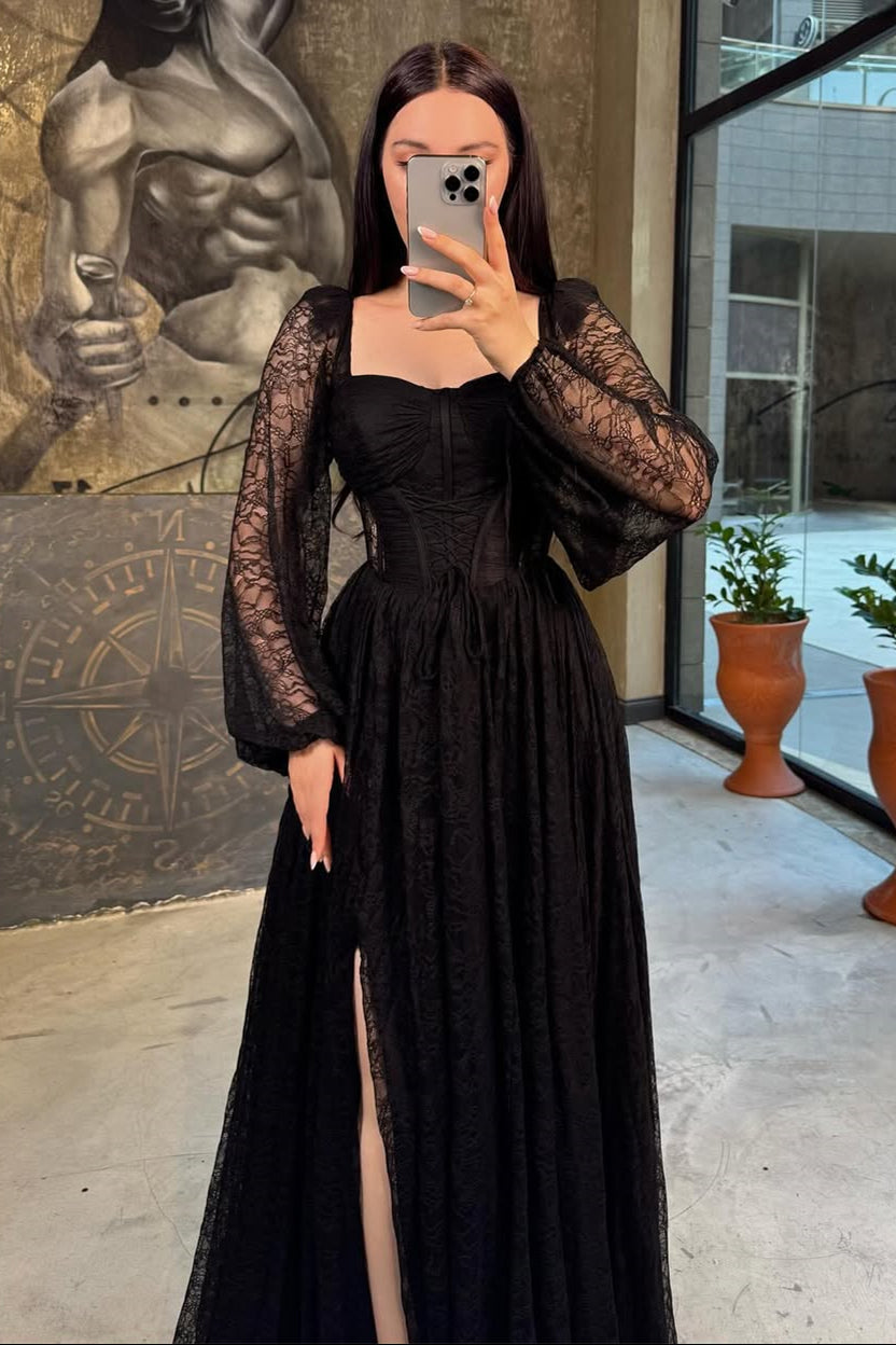 Chic Black Square Long Sleeve Prom Dress A-Line High Split On Sale