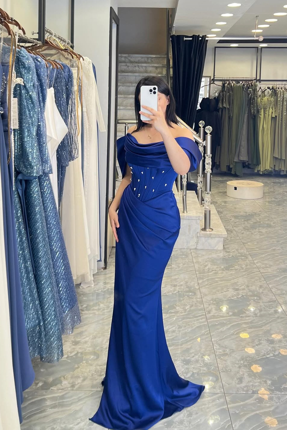 Royal Blue Off-The-Shoulder Satin Prom Dresses Pleats Sheath With Pearls