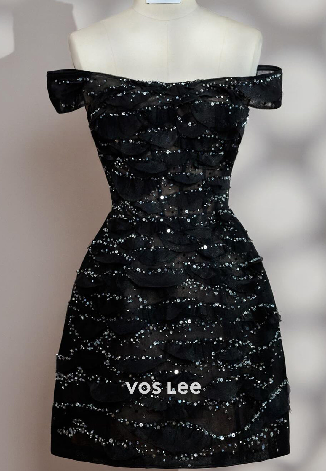 Mini & Short A-Line Off the Shoulder Fully Lace Sequined Pleated Evening Dresses