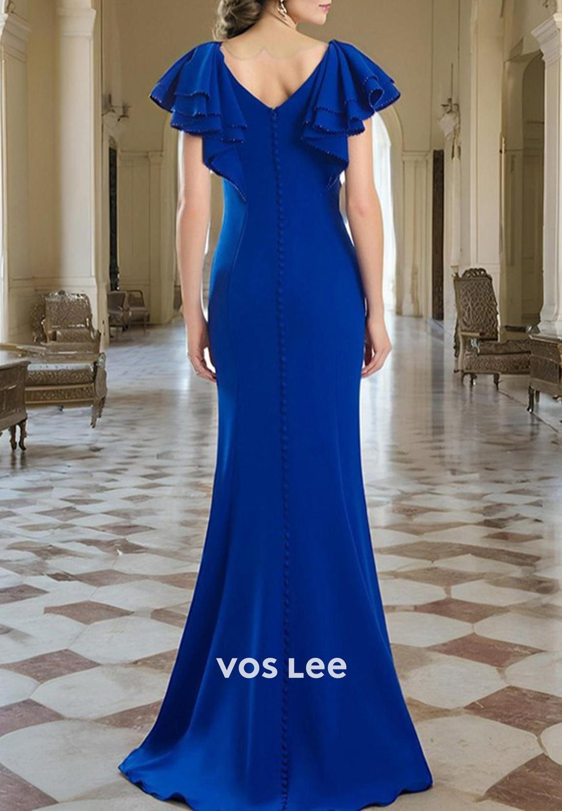 Flutter Sleeves V Neck Beaded Floor-Length Pleated Mermaid Mother of Bride Dresses