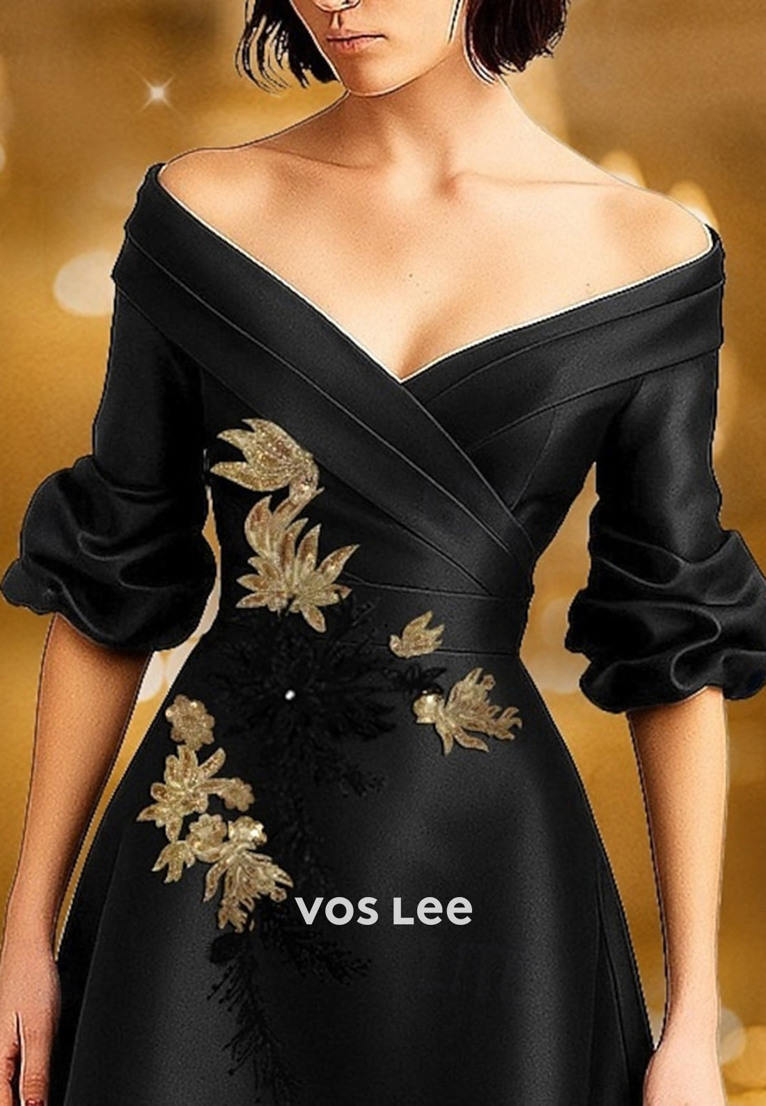 A-Line Off the Shoulder Half Sleeve Pleated Evening Dresses with Court Train