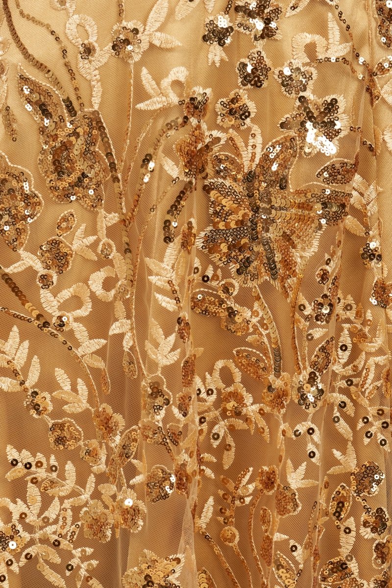 Gold Strapless A Line Sequined Lace Formal Prom Dresses With Slit