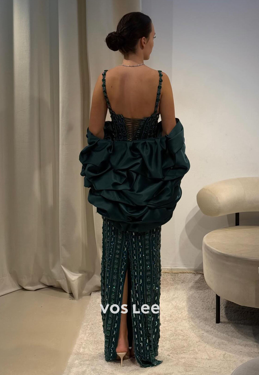 Luxury Emerald Green Square Beaded Evening Dress Prom Dress