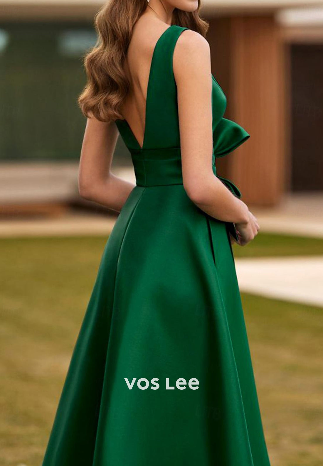 A-Line V Neck Bowknot Embellished Floor-Length Evening Dresses with Pockets