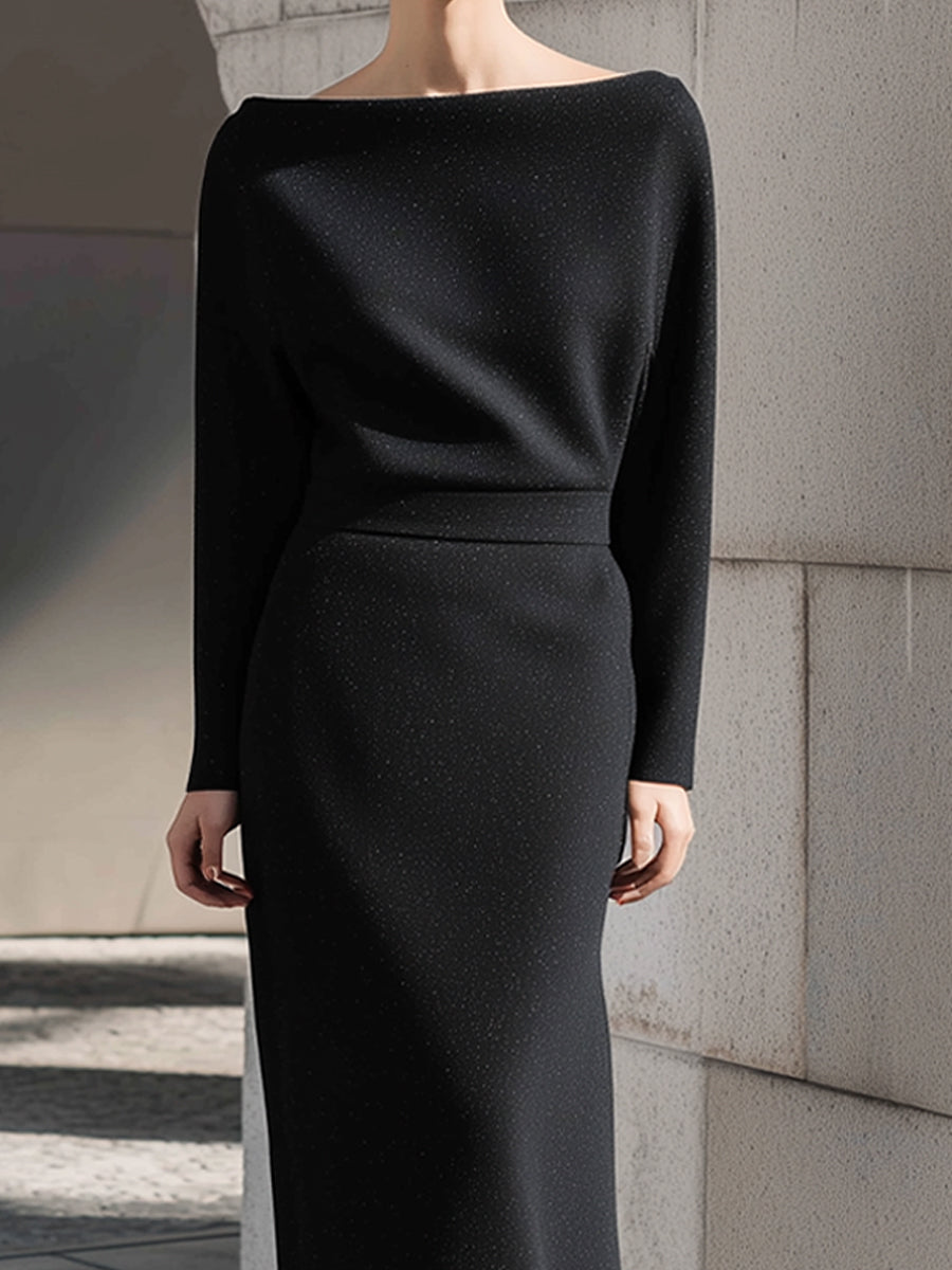 VOS LEE Elegant Black Boat Neck Long-Sleeve Maxi Dress