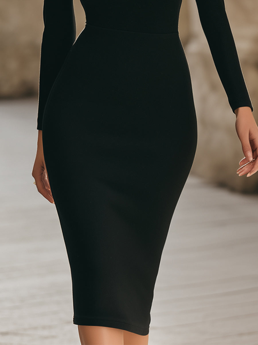 VOS LEE Black Knit Cut-Out Midi Dress With Floral Accent