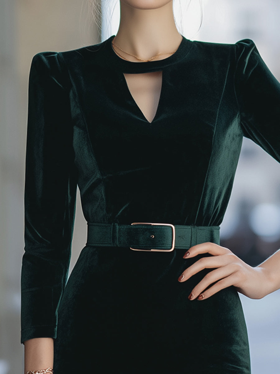 Elegant Velvet Keyhole Belted Pencil Dress